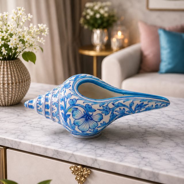 Blue Pottery Blue Shankh (Conch) Statement Décor Piece Length: 10" | Height: 5" | Width: 5"