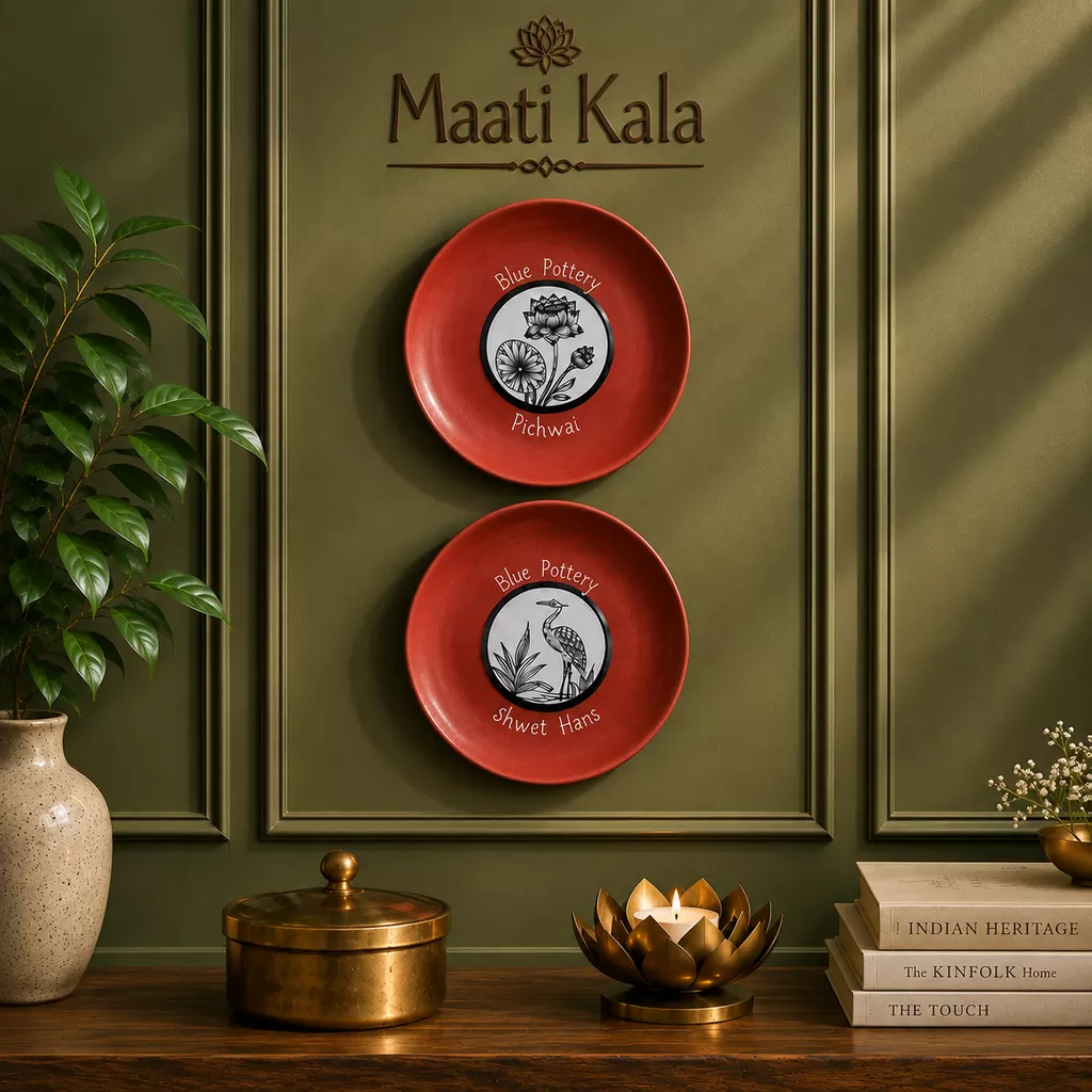 Maati Kala Blue Pottery Art Plates – Pichwai &amp; Shwet Hans. Size 8" per plate