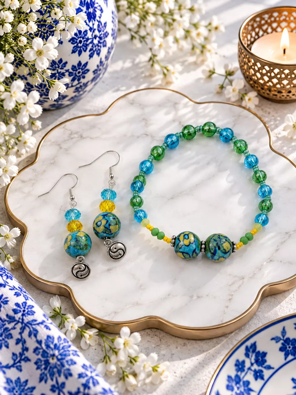 Blue Pottery Bead Fusion Necklace &amp;amp; Earring Set