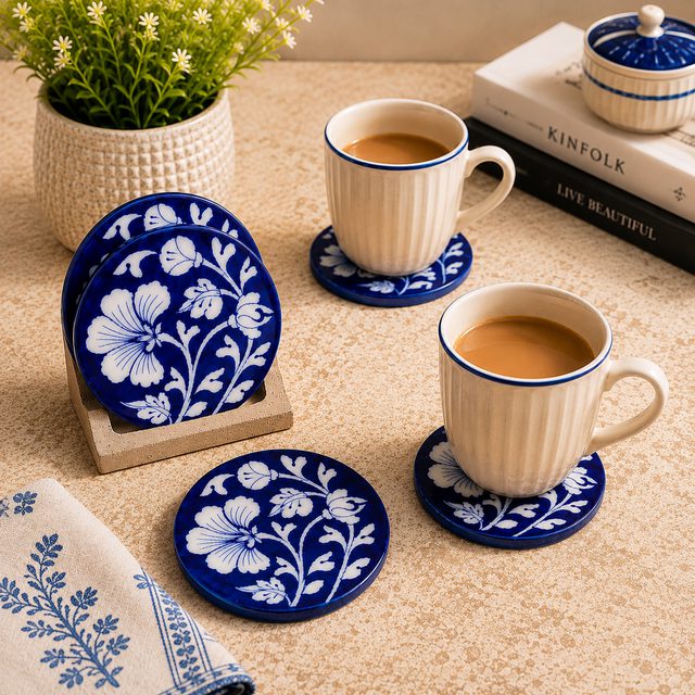 Jaipur Bloom Blue Pottery Coaster Set.  Set of 4 | Diameter: 4"