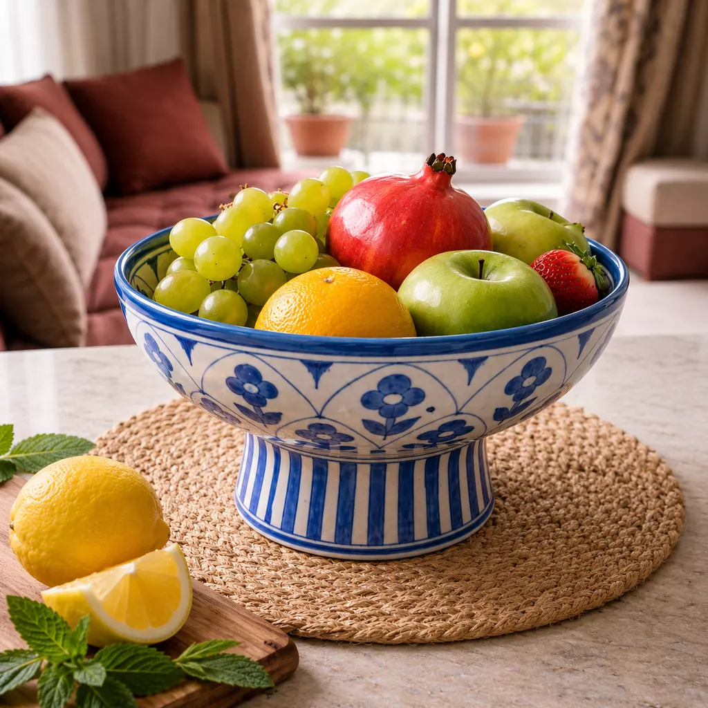 Jaipur Bloom Blue Pottery Pedestal Fruit Bowl. Diameter: 8" | Height: 5" | Depth: 5"