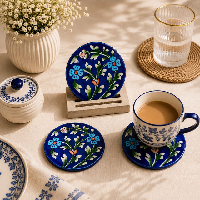 Jaipur Bloom Blue Pottery Coaster Set.  Set of 4 | Diameter: 4"