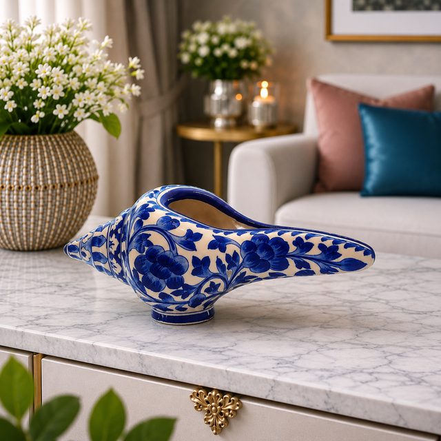 Handcrafted Blue Pottery Blue Floral Shankh (Conch) – Statement Piece. Length – 10" | Height – 5" | Width – 5"