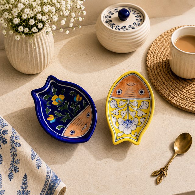 Aqua Bloom Blue Pottery Fish Spoon Rest Set  Set of 2 | Length: 5.5" | Width: 4"