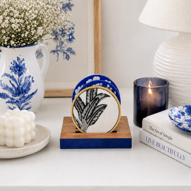 Miniature Art Blue Pottery Coaster Set of 4 with Stand. Diameter: 4" each
