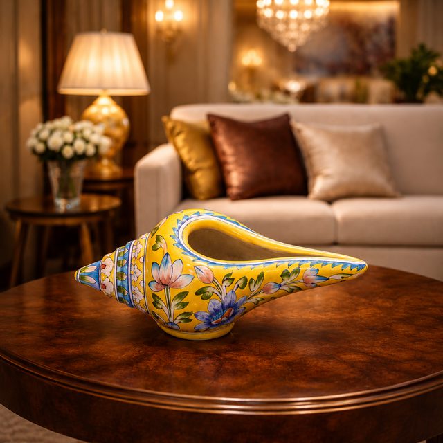 Handcrafted Lotus Heritage Yellow Blue Pottery Shankh (Conch)  Length: 10" | Height: 5" | Width: 5"