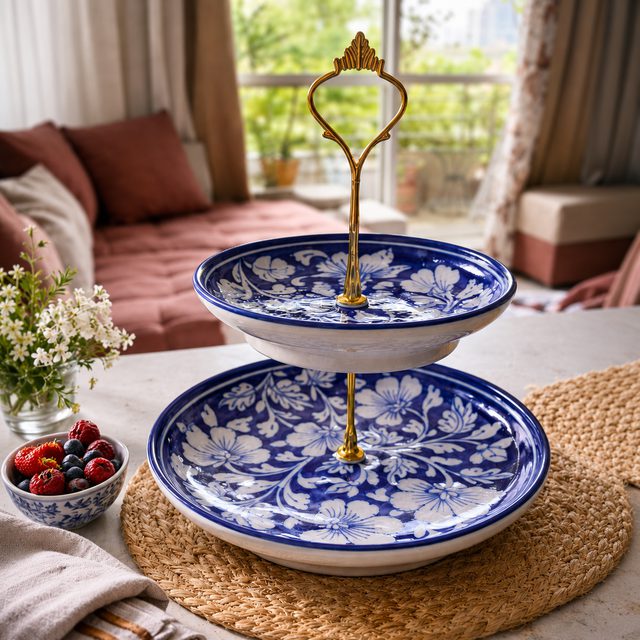 Blue Floral 2-Tier Snack & Dessert Stand. Bottom Plate: 10" | Top Plate: 8" | Premium Brass Stand (Available in Gold & Silver Finish)