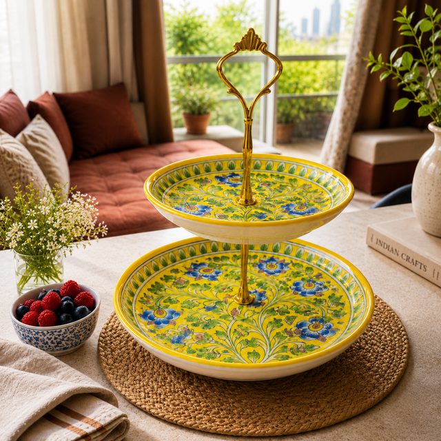Floral Yellow Blue Pottery Two-Tier Cake & Snack Stand  Bottom Plate: 10" | Top Plate: 8" | Premium Brass Stand (Available in Gold & Silver Finish)