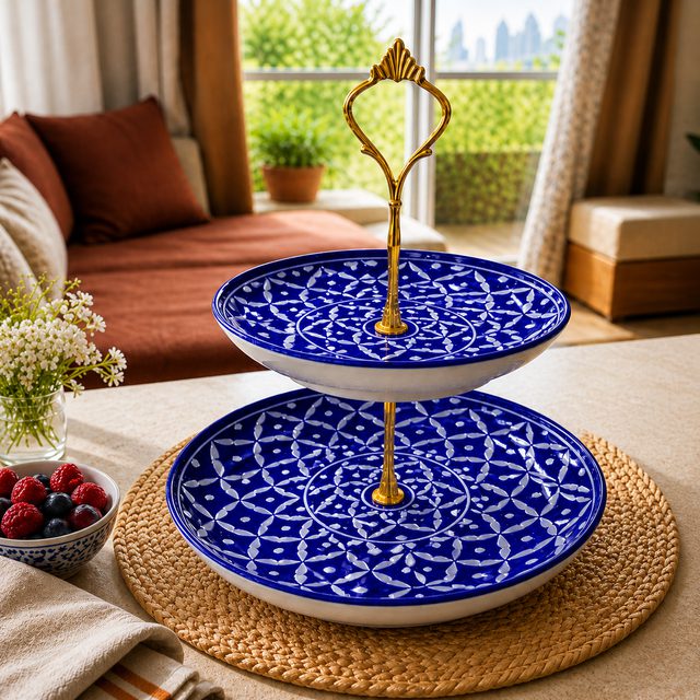 Geometry-Inspired Blue Pottery Two-Tier Cake & Snack Stand. Bottom Plate: 10" | Top Plate: 8" | Premium Brass Stand (Available in Gold & Silver Finish)