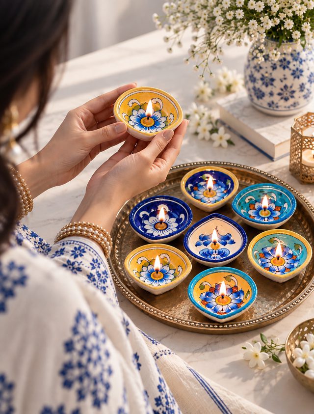 Handcrafted Floral Blue Pottery Diya Set of 4
