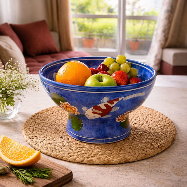 Aqua Bloom Handcrafted Blue Pottery Pedestal Fruit Bowl  Diameter: 8" | Height: 5" | Depth: 5"