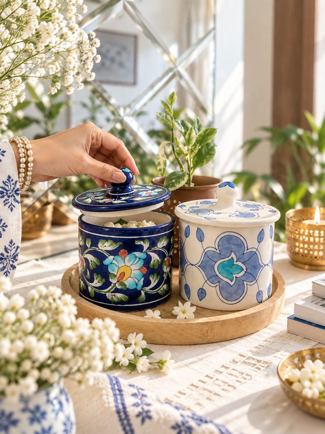 Handcrafted 4 inch Blue Pottery Decorative Jars – Diwali Collection