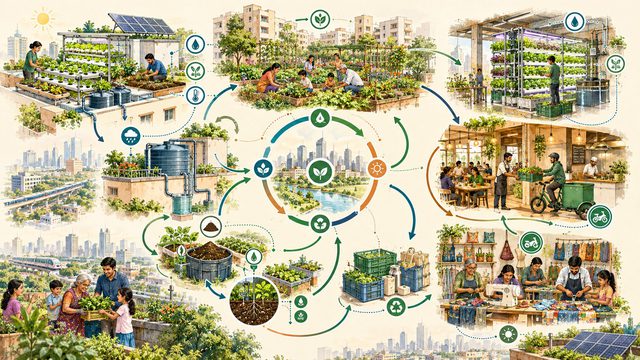 Urban farming, composting, delivery and upcycling in a circular neighbourhood system