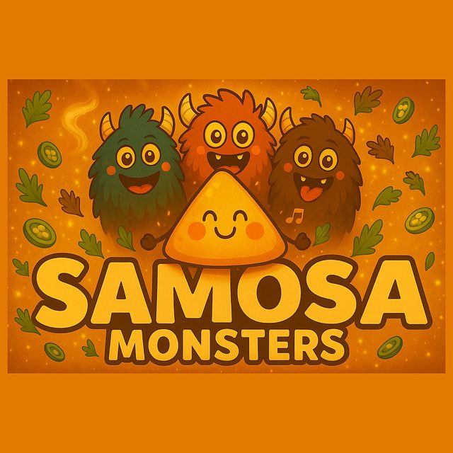 Samosa Monsters mascot and wordmark